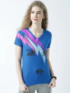 Huetrap Women Blue Printed V-Neck T-shirt