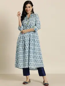 HERE&NOW Pure Cotton Floral Printed Pleated A-line Kurta