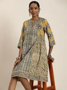Taavi Smocked Detail Ethnic Printed Kalamkari A-Line Dress