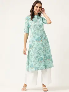 Divena Floral Printed Roll-Up Sleeves A-Line Cotton Kurta