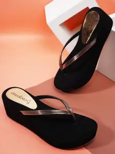 DressBerry Rose Gold-Toned And Black T-Strap Wedge Heels