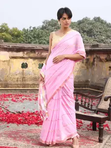 Indethnic Striped Zari Pure Cotton Jamdani Saree With Blouse Piece