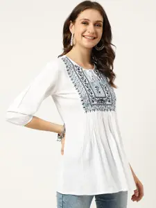 Ashlee Ethnic Motifs Embroidery Tie-Up Neck Top
