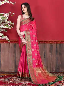 Mitera Pink & Green Floral Woven Design Zari Banarasi Saree