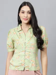 Latin Quarters Floral Printed Puff Sleeves Shirt Style Top