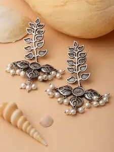 PANASH Silver-Plated Pearls Oxidised Leaf Shaped Drop Earrings