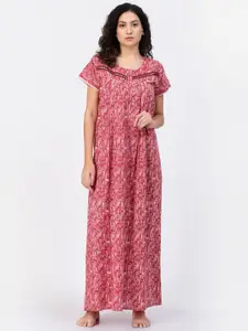 Sweet Dreams Maroon & White Printed Pure Cotton Maxi Nightdress