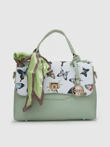 Globus Green & White Conversational Printed Bucket Satchel With Scarf