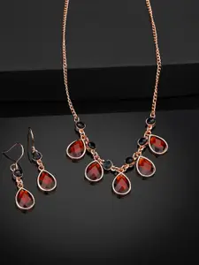 Estele Rose Gold Plated Tear Drop Shaped Necklace Set with Austrian Crystals