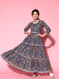 InWeave Blue Ethnic Motifs Printed Tiered Fit & Flare Maxi Ethnic Dress