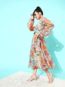 InWeave Floral Printed V-Neck Puff Sleeves Midi Dress