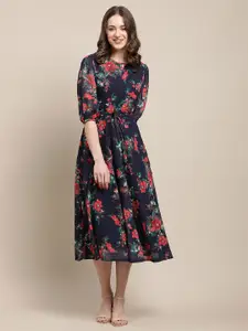 BAESD Floral Printed Round Neck Puff Sleeves Fit & Flare Midi Dress With Belt