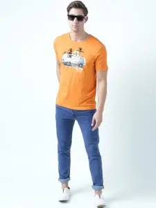 Huetrap Men Orange Printed Round Neck T-shirt