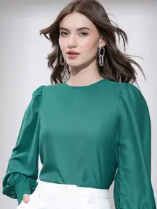 Tokyo Talkies Green Round Neck Puffed Sleeves Top