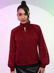 Tokyo Talkies Maroon Self Design Keyhole Neck Cuffed Sleeve Georgette Top