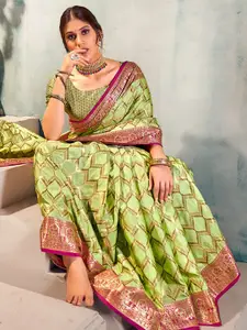 Mitera Green & Red Ethnic Motif Zari Silk Blend Banarasi Saree