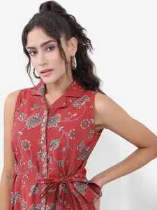 Vishudh Red Floral Printed V-Neck A-Line Dress
