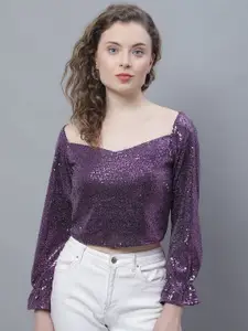 Karmic Vision Sweetheart Neck Puff Sleeves Sequined Crop Top
