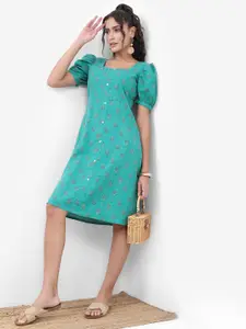 Vishudh Turquoise blue Floral Printed Puff Sleeves A-Line Dress
