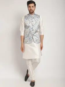 Kaifoo Mandarin Collar Floral Printed Kurta with Churidar & Nehru Jacke