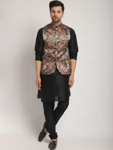 Kaifoo Straight Kurta With Churidar Floral Printed Nehru Jacket
