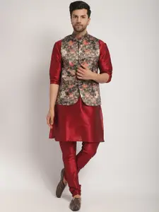 Kaifoo Straight Kurta With Churidar Floral Printed Nehru Jacket