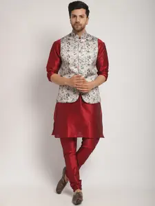 Kaifoo Mandarin Collar Regular Kurta with Churidar with Printed Nehru Jacket