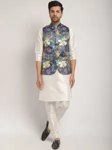 Kaifoo Band Collar Kurta With Churidar & Nehru Jacket