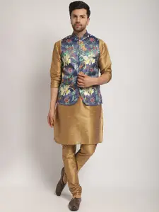 Kaifoo Mandarin Collar Regular Kurta with Churidar & Printed Nehru Jacket