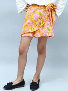 NUEVOSDAMAS Girls Mid-Rise Floral Printed Shorts With Wrap Detail