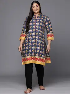 Indo Era Plus Size Geometric Foil Printed Block Print Kurta