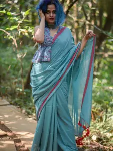 Suta Blue & Pink Cotton Blend Saree