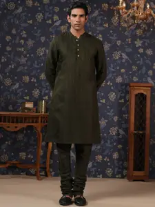House of Pataudi Printed Mandarin Collar Kurta With Churidar & Nehru Jacket
