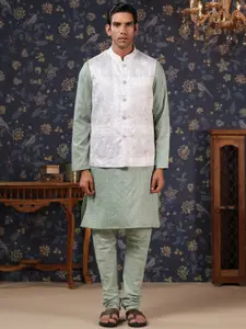 House of Pataudi Printed Straight Kurta With Churidar & Nehru Jacket
