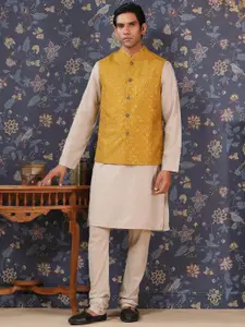 House of Pataudi Striped Straight Kurta With Churidar & Embroidered Nehru Jacket