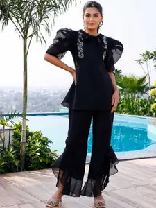 Lirose Tavisha Embellished Puff Sleeves Top & Trouser Co-Ords Set