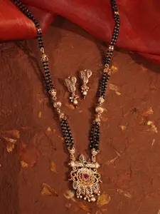 ABDESIGNS Gold-Plated Stone Studded & Beaded Multi Stranded Mangalsutra & Earrings Set