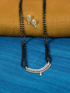 ABDESIGNS Gold-Plated AD-Studded & Beaded Mangalsutra With Earrings