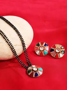 ABDESIGNS Gold-Plated AD-Studded & Beaded Mangalsutra With Earrings