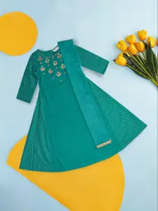 AKKRITI BY PANTALOONS Sequined Embellished Turquoise Blue A-Line Ethnic Dress With Dupatta