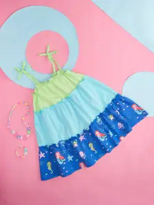 Pantaloons Baby Green & Turquoise Blue Colourblocked Tie-Up Neck A-Line Dress