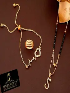 JEWEL WORLD Set Of 3 Gold-Plated Stone Studded & Beaded Mangalsutra With Ring & Bracelet