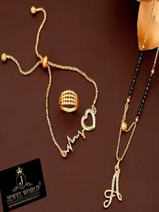 JEWEL WORLD Set Of 2 Gold-Plated Stone Studded & Beaded Mangalsutra With Bracelet