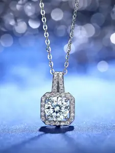 Jewels Galaxy Silver-Plated CZ Studded Square Anti- Tarnish Pendant With Chain