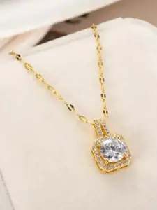 Jewels Galaxy Gold-Plated CZ Stone Studded Square Contemporary Pendant With Chain