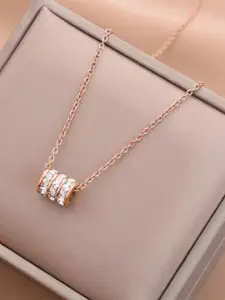 Jewels Galaxy Rose Gold Plated CZ-Studded & Cylindrical-Charm Pendant With Chain