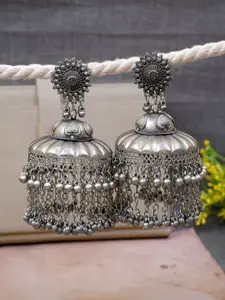 Crunchy Fashion Silver-Plated Oxidized Dome Shaped Jhumka Earrings