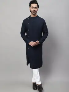 even Angrakha Band Collar Asymmetrical Cut Linen Kurta