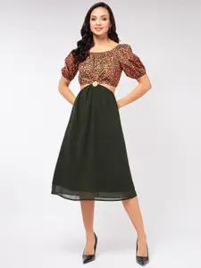 Zima Leto Animal Printed Puff Sleeve Georgette Fit & Flare Midi Dress With Cut-out Detail