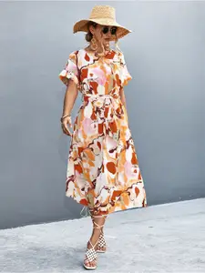 StyleCast Orange Abstract Print Extended Sleeve Fit & Flare Midi Dress